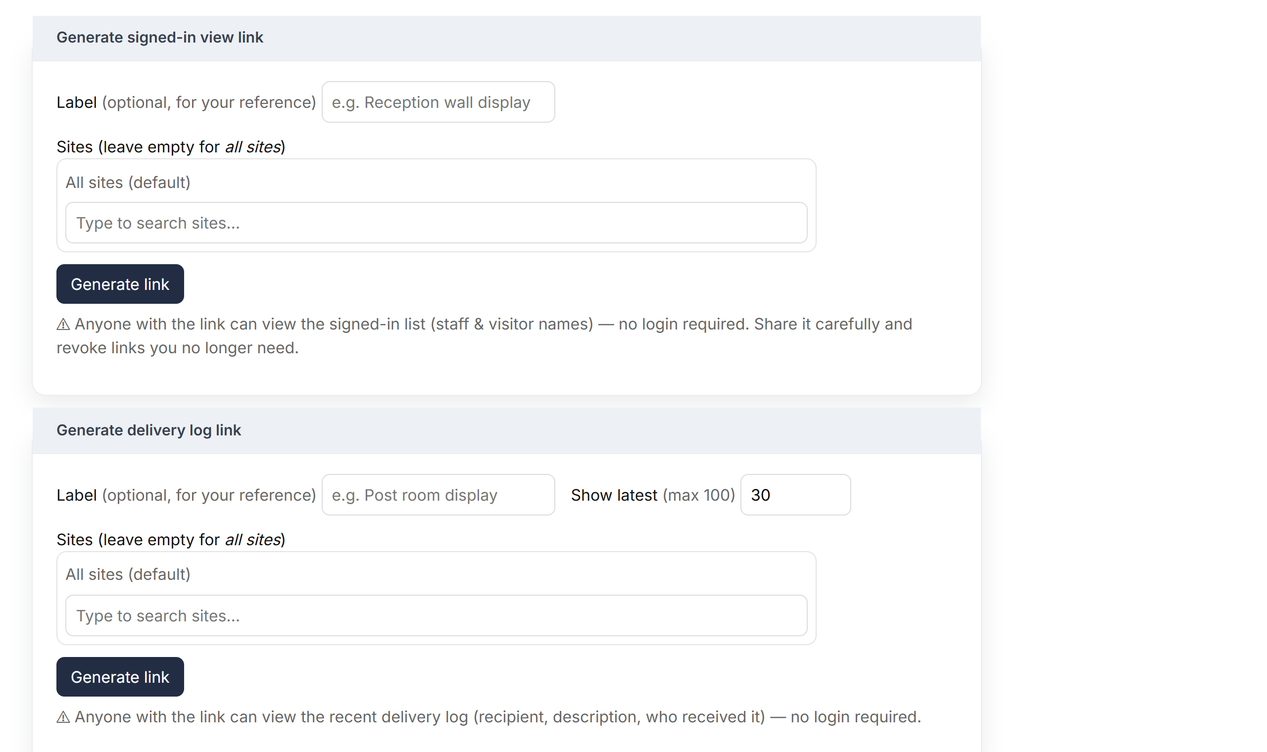 The forms for creating links