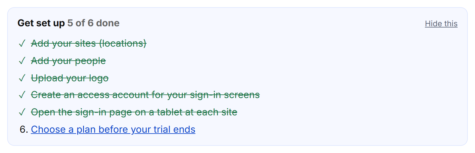 The Get set up checklist in Admin