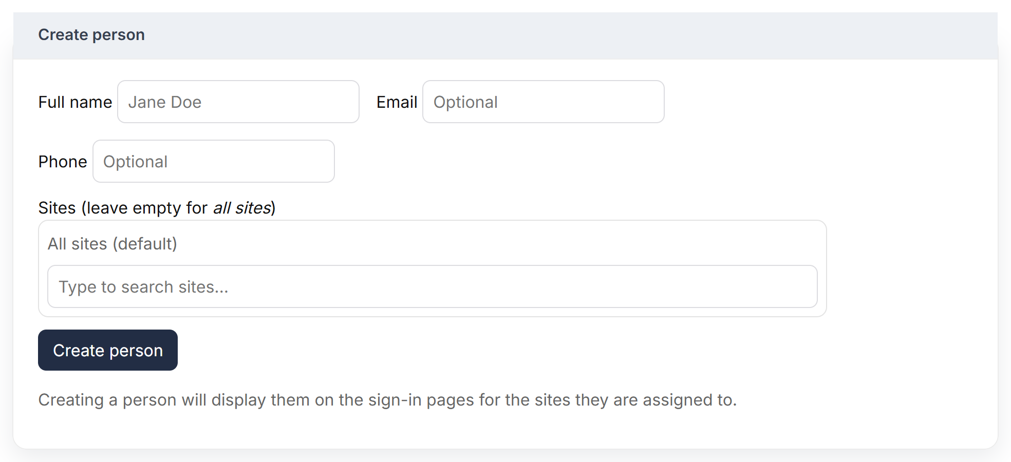 The Create person form