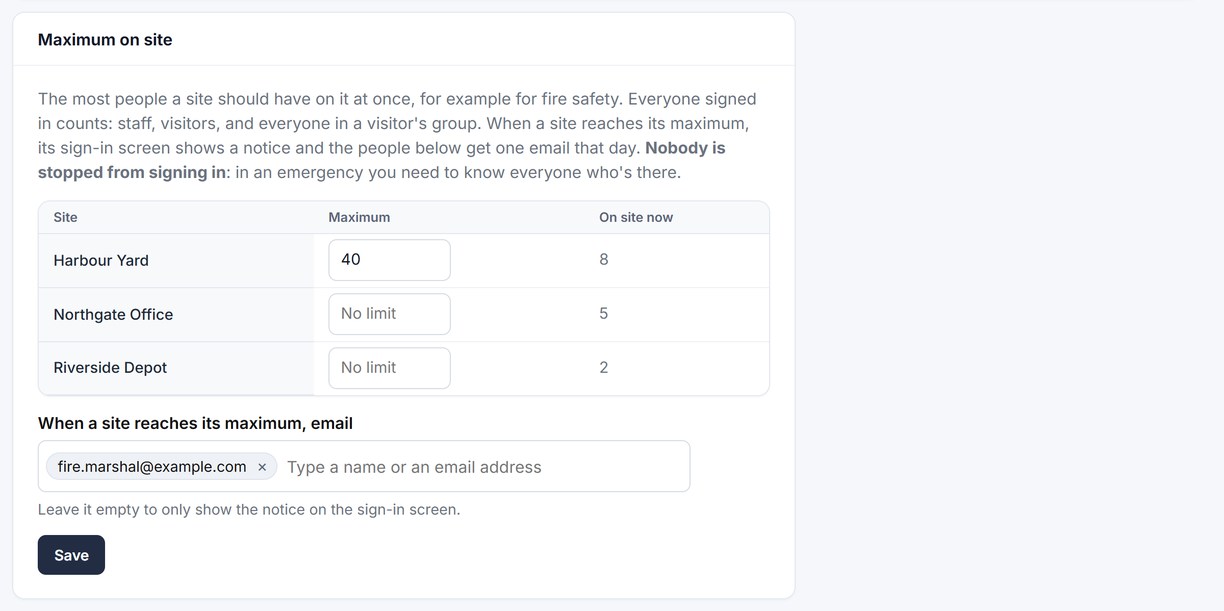 The Maximum on site settings