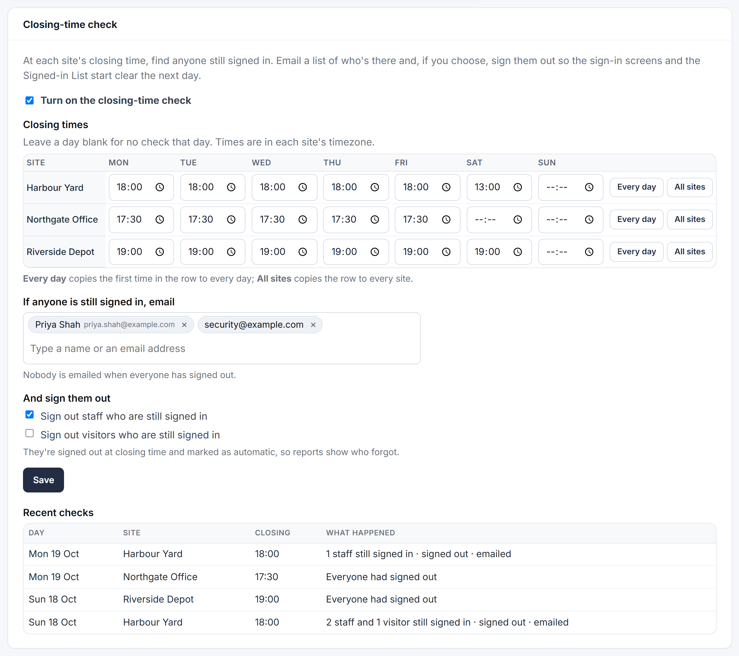The Closing-time check settings