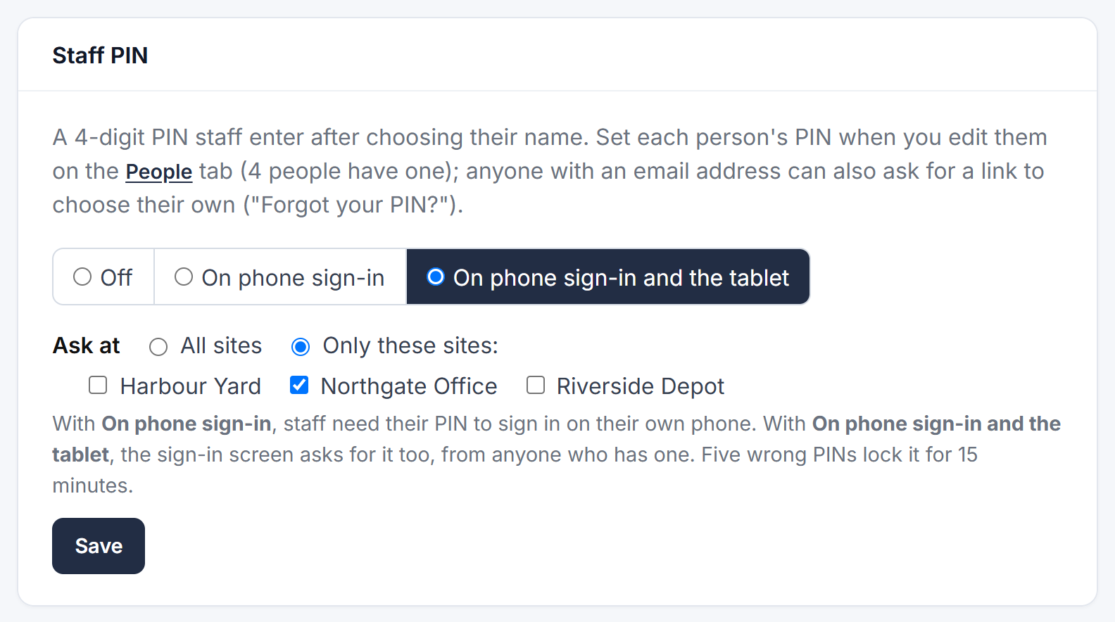 The Staff PIN settings on the Security tab