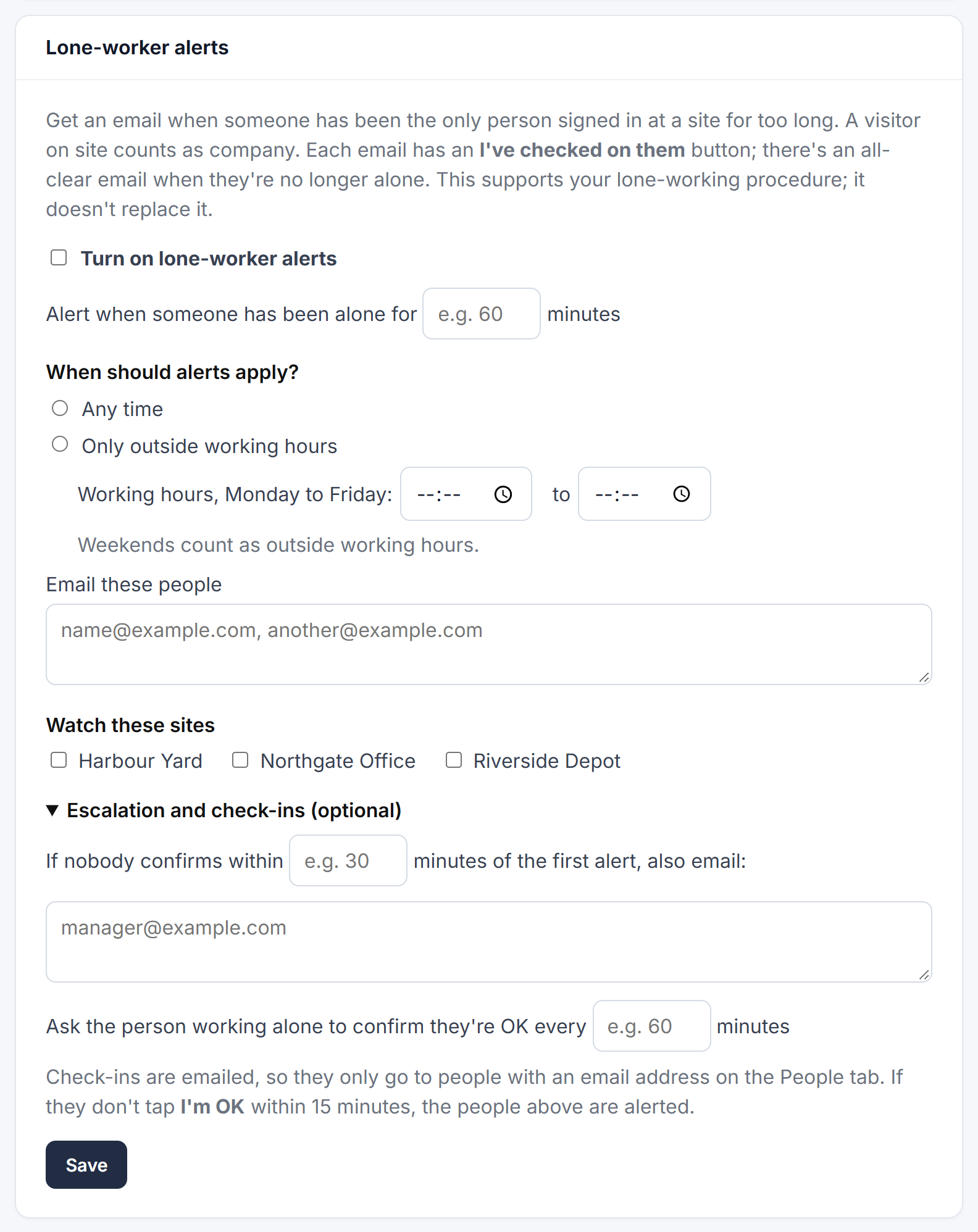 The Lone-worker alerts settings