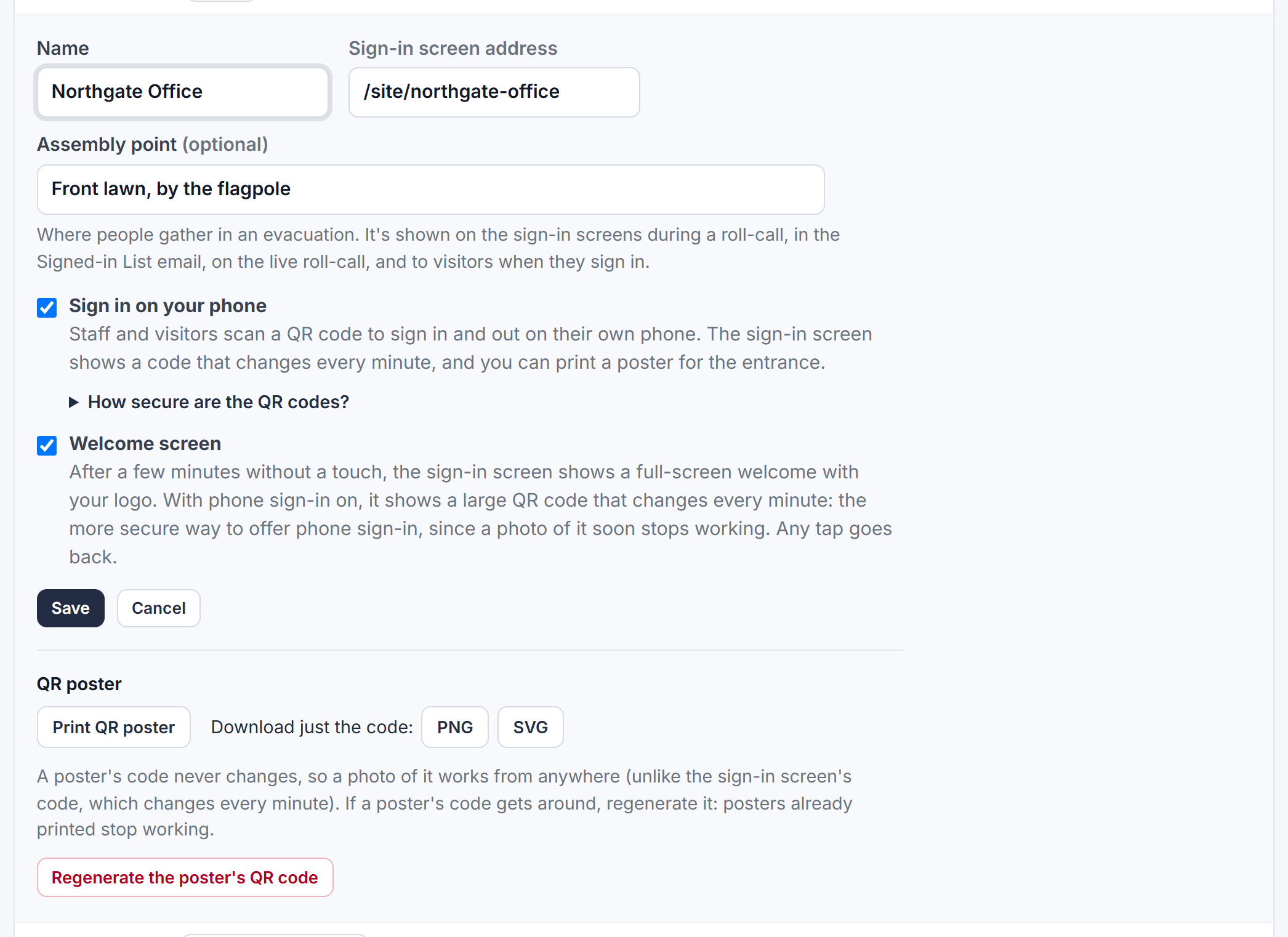 A site's settings with phone sign-in and the welcome screen ticked