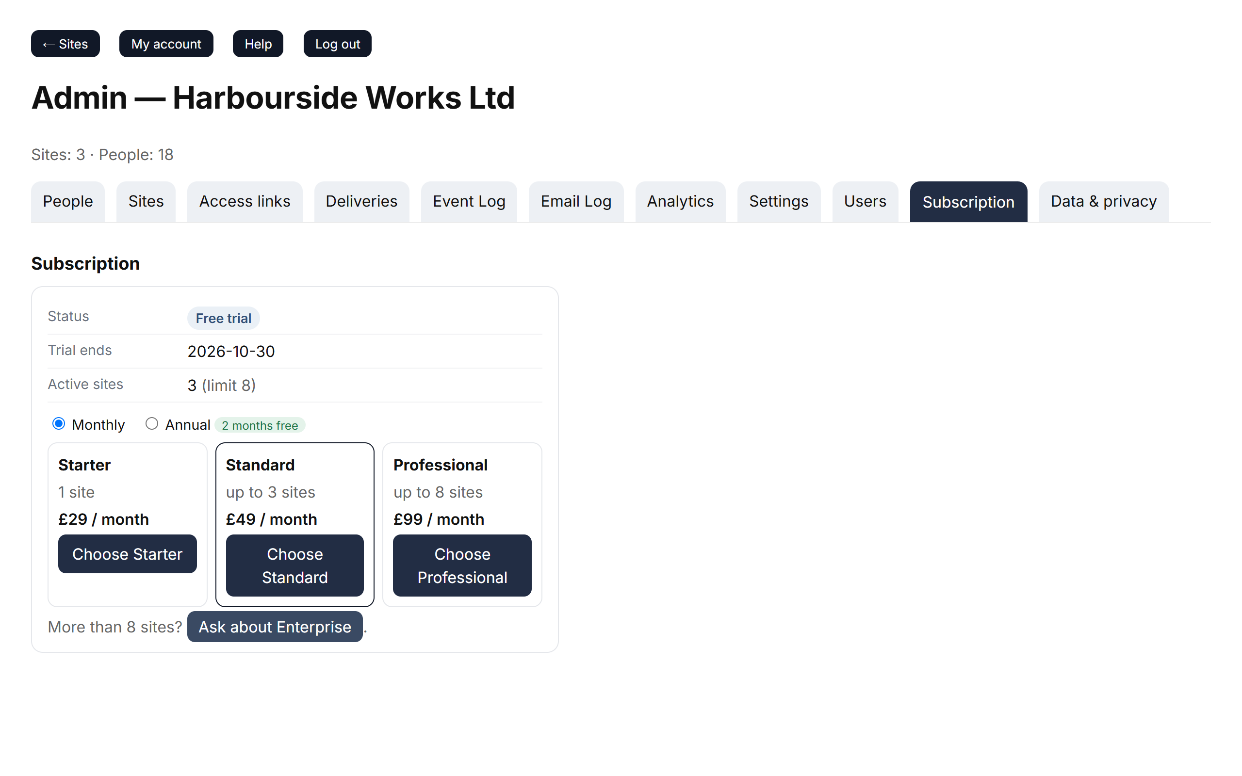 The Subscription page