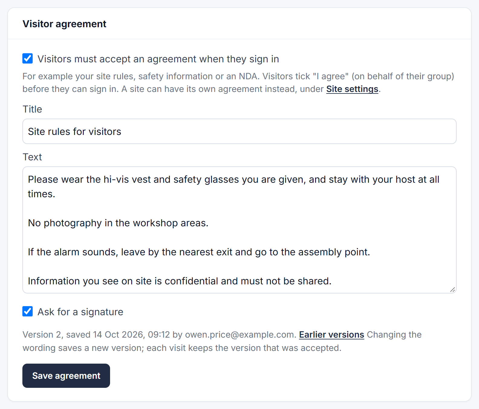 The visitor agreement settings