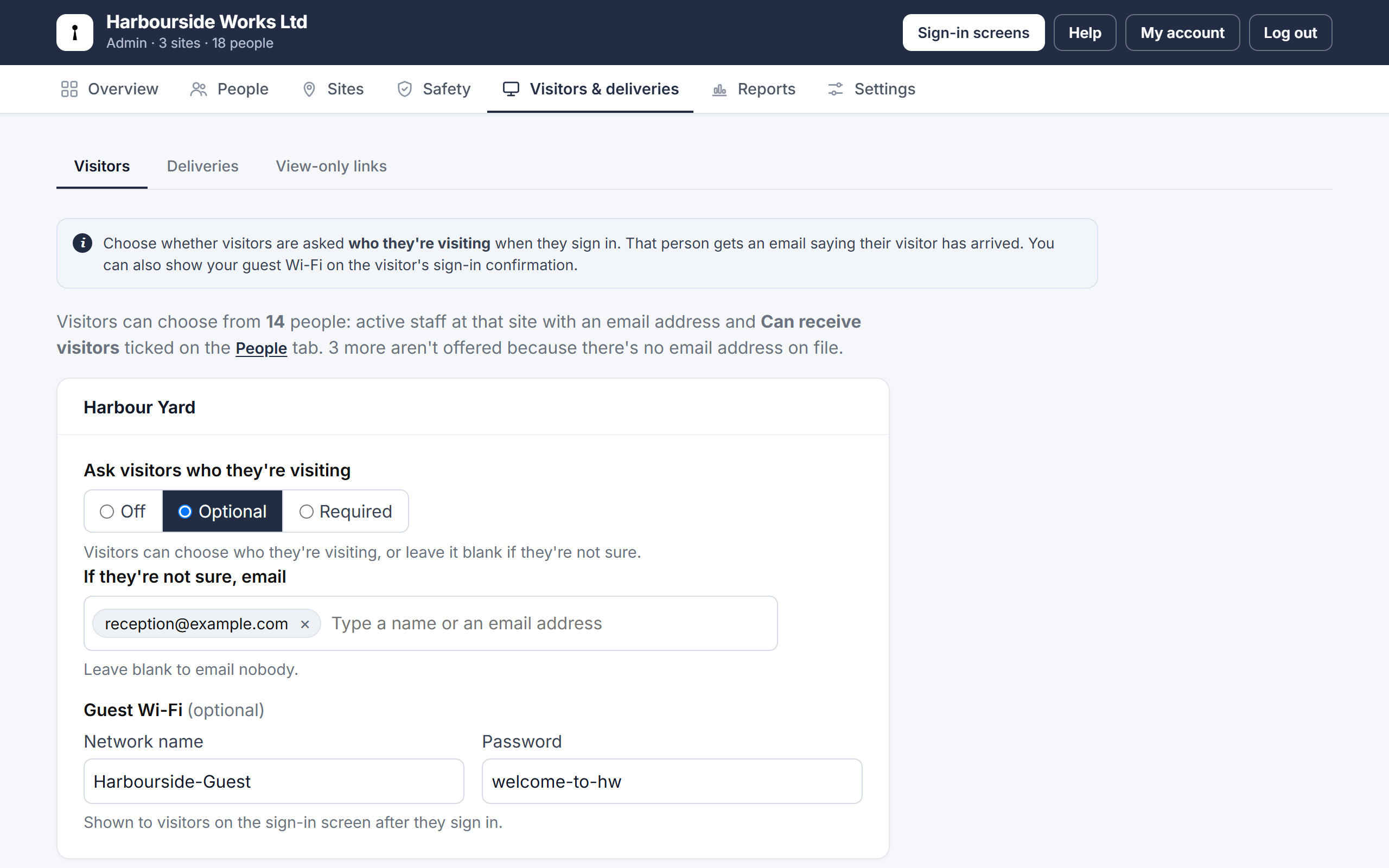 The Visitors settings