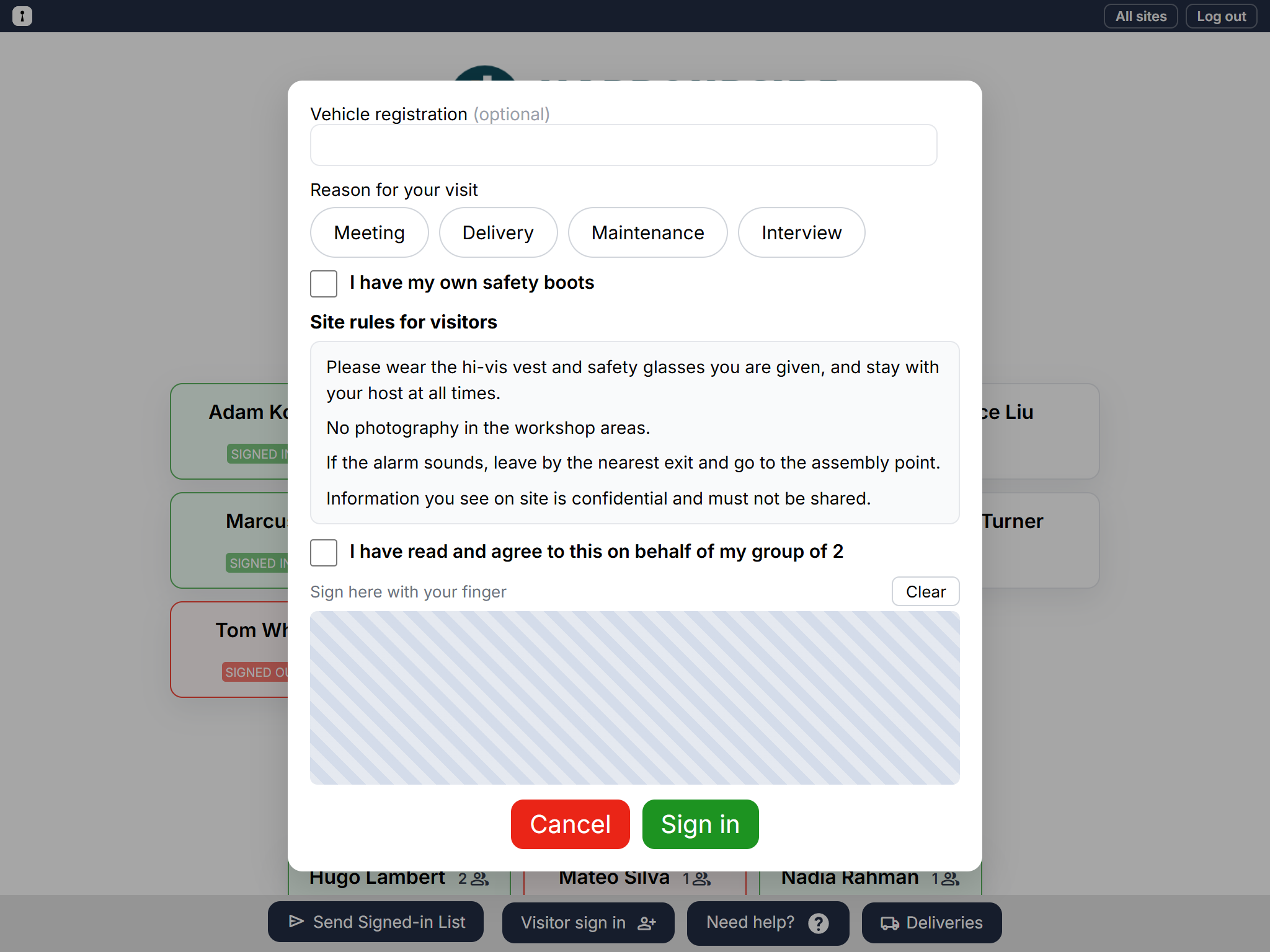 The agreement on the visitor sign-in form