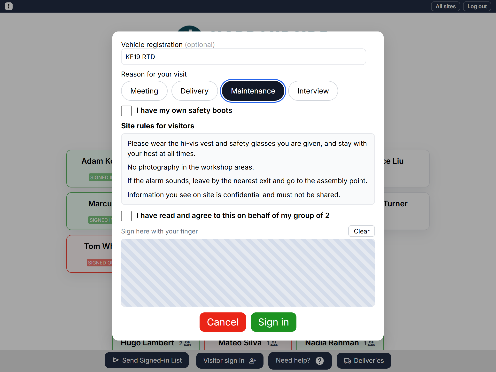 Questions on the visitor sign-in form