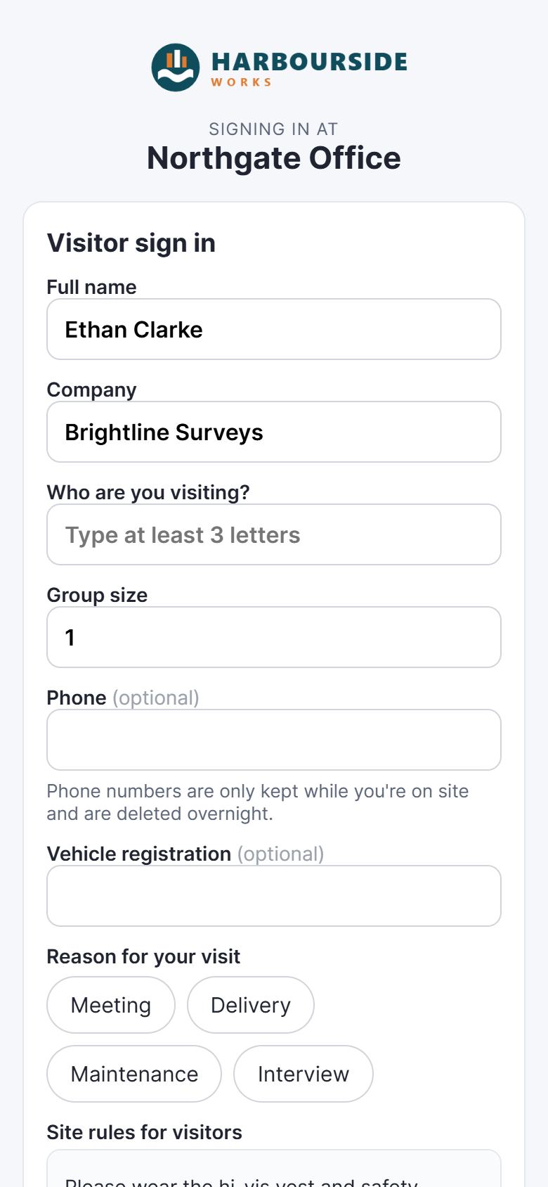 The visitor form on a phone